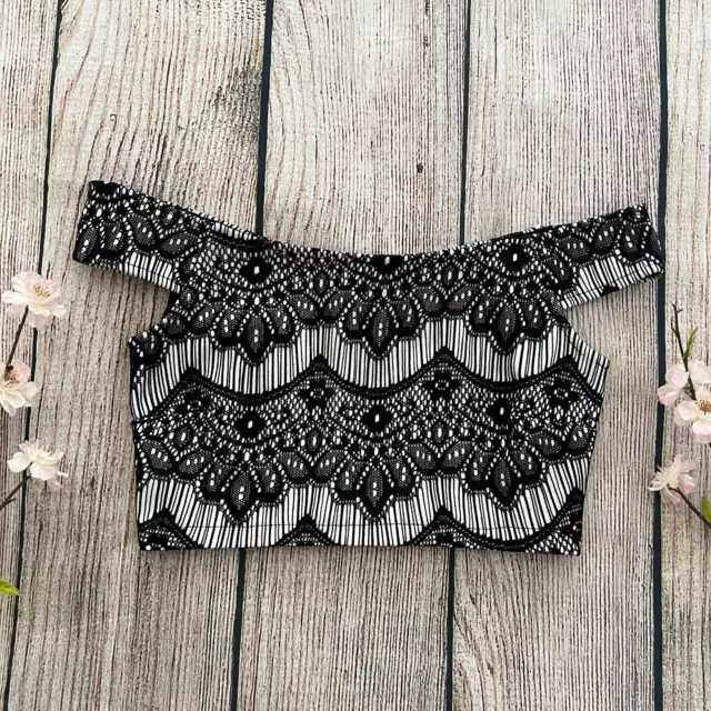 BG -- NWT black GUESS off the shoulder lace crop top women's XS $49