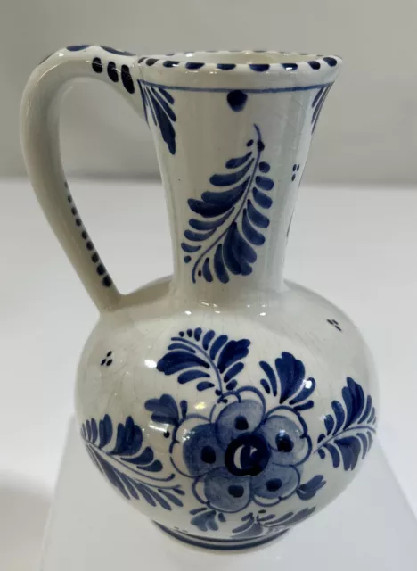 DELFT Holland Hand-Painted Ewer Pitcher Ceramic White/Blue Floral w Windmill VGC