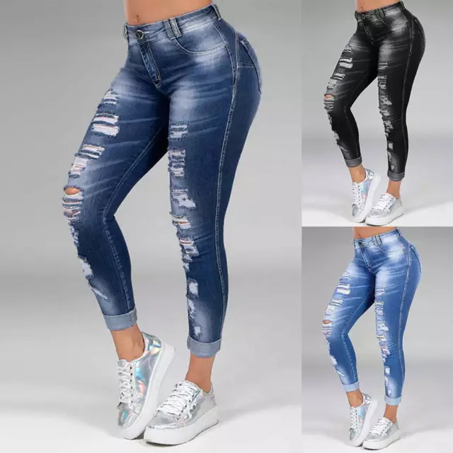 Women's Skinny Ripped Stretch Jeans Ladies High Waist Denim Pants Slim Trousers