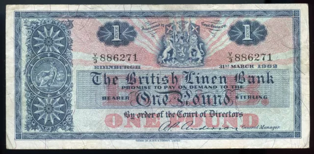 SCOTLAND BRITISH LINEN BANK ONE POUND  BANKNOTE 31st March 1962 Prefix V3