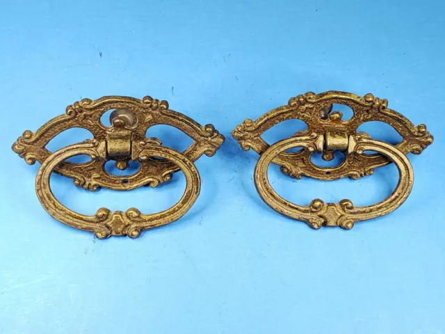 Drawer Pulls Drop Bail Solid Brass/Bronze Single Post 2 7/8" x 2" Pair Vintage