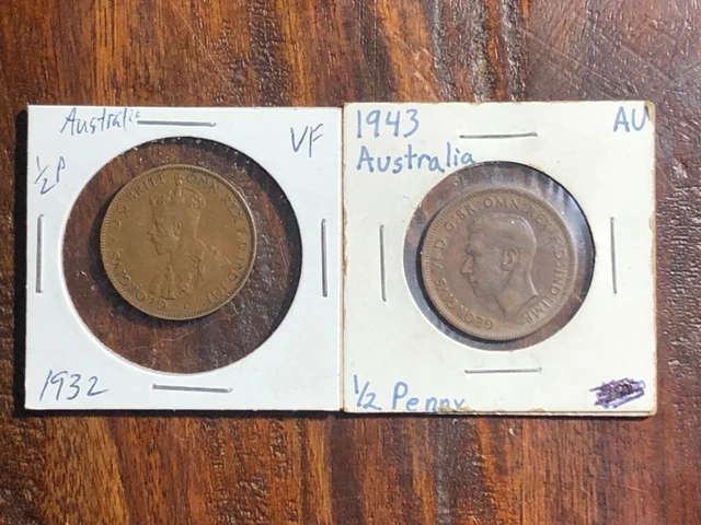 Lot of 2 Australian (Australia), Large half Pennies, Penny, 1 Cent, 1932 & 1943.