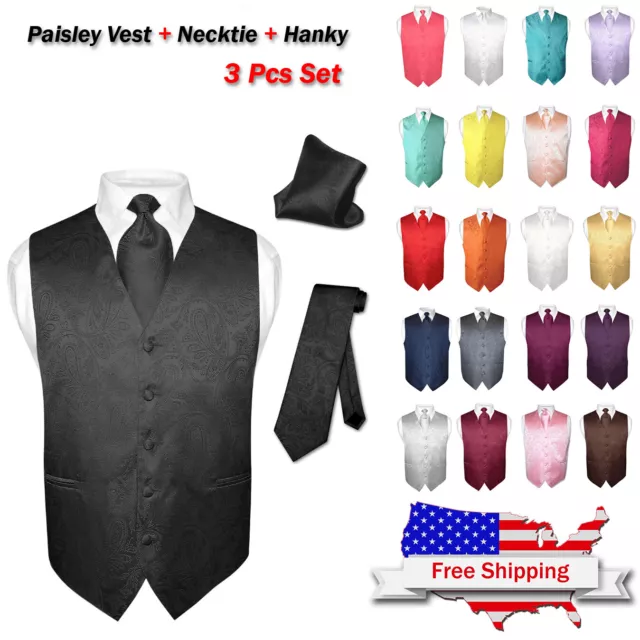 Men's Dress VEST NeckTie for Suit Tuxedo PAISLEY Design Mens Vests Tie Hanky Set