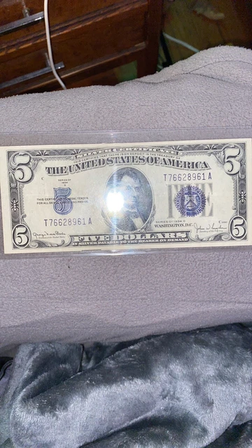1934 D Five Dollar Bill Blue Seal Silver Certificate Not Done ” IN GOD WE TRUST” 2