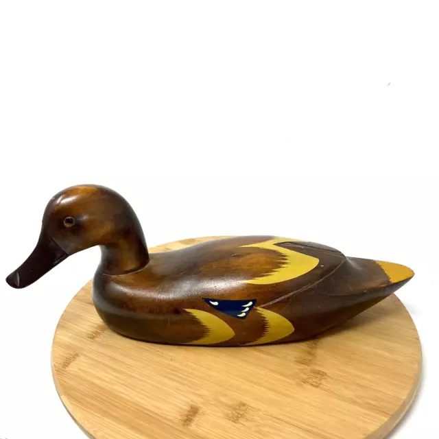 Vintage Hand Carved & Painted Wood Duck Decoy 14" Solid Wood Glass Eyes
