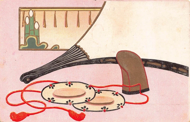 Japan Japanese Art Nouveau Fan Plates Embossed Postcard