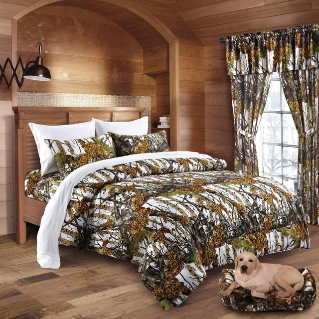 22 pc Mixed set White Snow Camo Queen sheets, King Comforter and three curtains