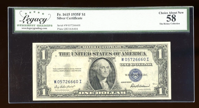DBR $1 1935-F Silver Fr. 1615 WI Block Legacy 58 Serial W05726660I