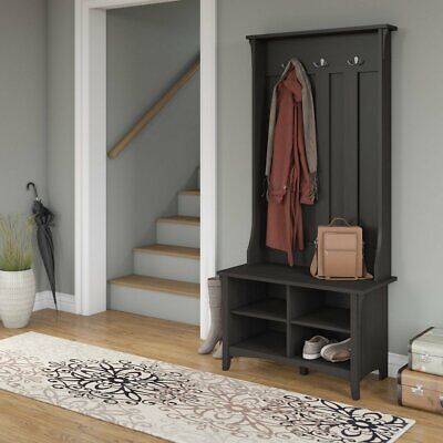 Black Finish Wooden Hall Tree Coat Rack Hat Hooks Storage Stand Entryway Bench