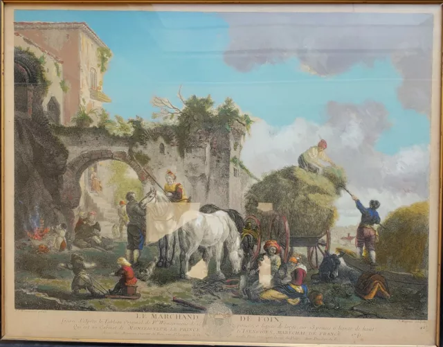 Old Master hand-colored engraving of Wouwermans 'Le Marchand de Foin' 1741