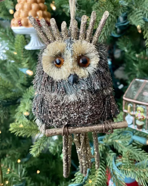 Christmas Ornament Woodland Owl Sitting On Branch Sisal Rustic Glitter Pier 1