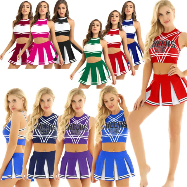 Damen Schoolgirl Cheerleading Uniform Set Crop Tops mit Minirock Karneval Kostüm