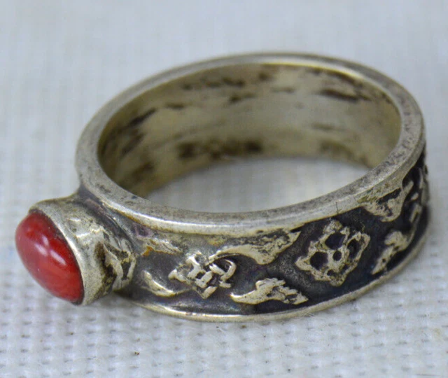 Ancient Old Solid Silver Antique Ring Viking With Red Stone Amazing Artifact