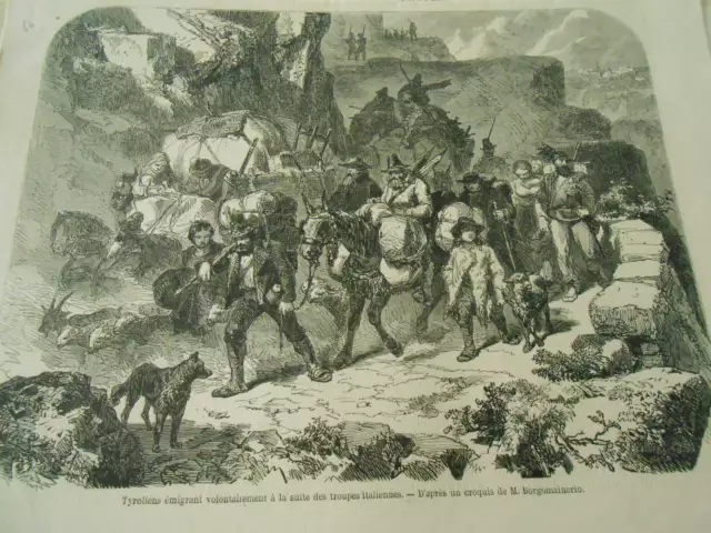 Gravure 1866 - Tyroliens émigrant volontairement troupes Italiennes