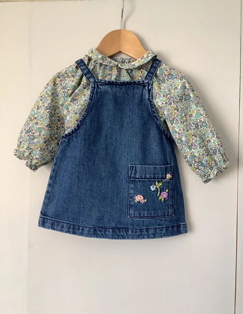 Baby Next Girl Clothes Age 3-6 Months Denim Pinafore Dress & Blouse top Set