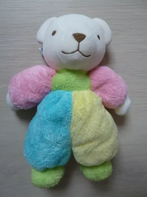 T7- Doudou Peluche Ours Marque Nounours Bleu Jaune Rose 21 Cms  Grelot Neuf *