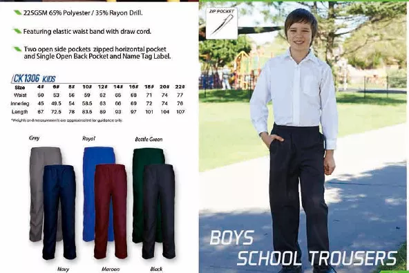 Kids Boy's Rayon Drill School Trousers Pants Size 4 6 8 10 12 14 16 18 20 22