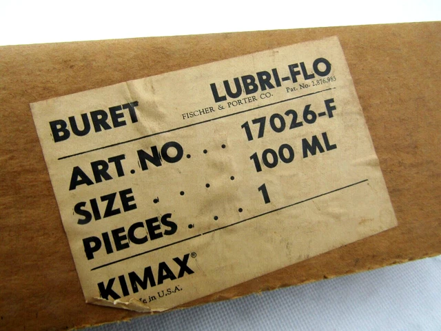 Kimble 17026F-100 Kimax Glass Buret Straight Bore Ptfe Stopcock Dust Cap 100ml
