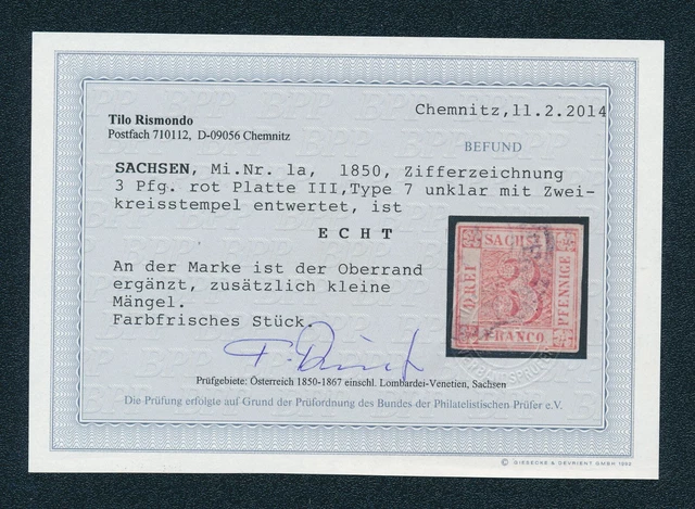 Altdeutschland-Sachsen1850, Nr 1 a Platte III gestempelt. Fotobefund, Mi 8.500,-