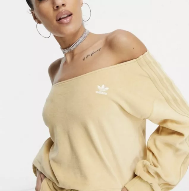 Adidas Originals 'Relaxed Risqué' velour off the shoulder sweatshirt in beige