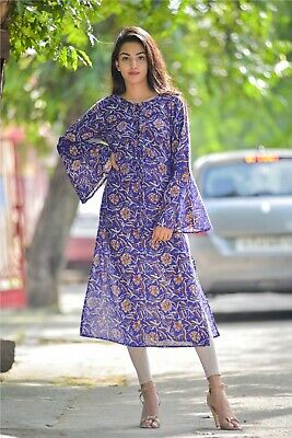 Indian Handmade Blue Floral Pure Cotton Kurti Women's Clothing S Size Kurtis UK