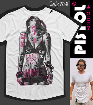 Pistol Boutique Uomo Bianco lunga linea CREW Graffiti Tattoo Ragazza Stampa T-shirt
