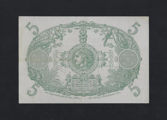 MARTINIQUE 5 FRANCS 1901 - 1934 P-6 XF-AUNC FRANCE Guadeloupe 2