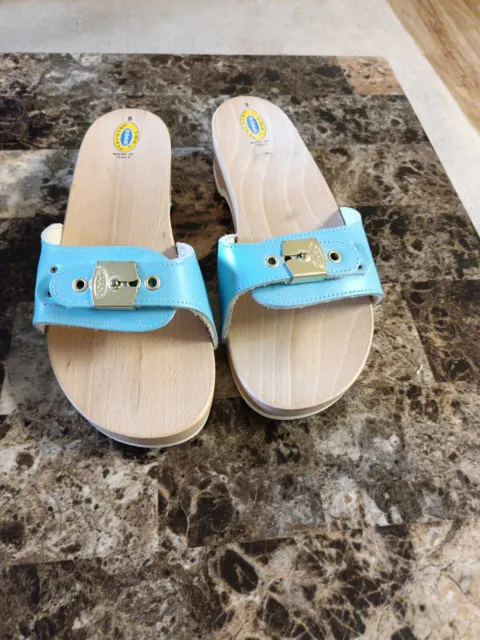 Dr Scholls Original Wooden Clogs Exercise Sandals Shoes Sky Blue Italy Sz 8