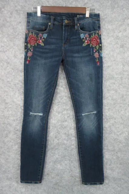 BLANK NYC Jean Women 28 Blue Skinny Floral Rose Embroidered Distressed Denim