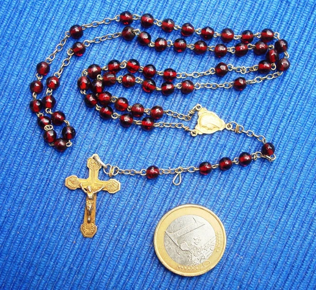 Chapelet Ancien - 59 Perles En Cristal Rouge Foncé - Fabriqué En France - Vintage