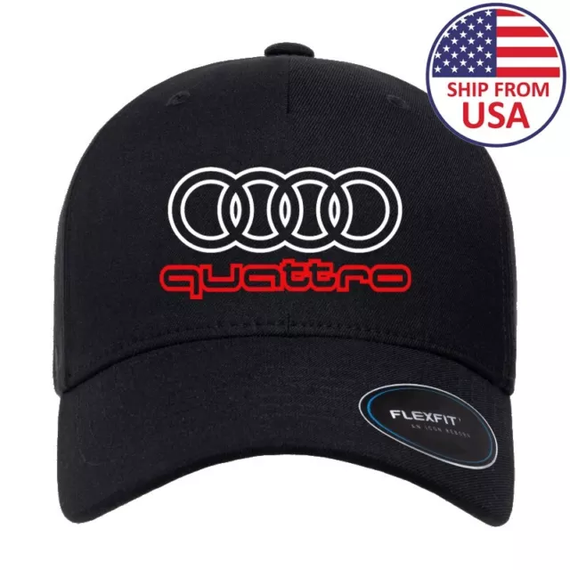 Audi Car Auto Logo on Black Hat Flexfit Baseball Cap Printed Emblem S/M &  L/XL