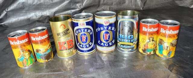 Vintage  Beer Cans  Foster's, Brisbane Bitter, KB Larger & Big Barrel beer cans