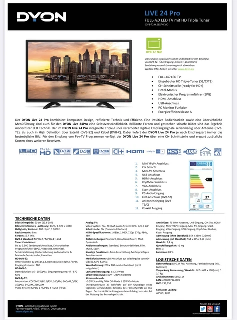 Dyon Gamma 24 Lcd Tv Dvb S2 DYON LIVE PRO FULL HD 24 Zoll TV Fernseher Triple Tuner DVB-C,S2,T2 LCD