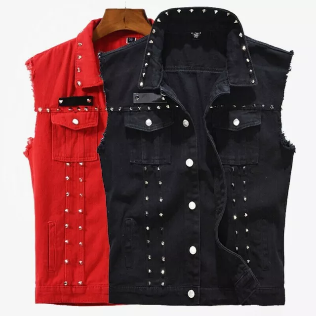 Hommes Jeans Clouté Gilet sans Manche Veste Motard Chemise Gilet Jean Punk