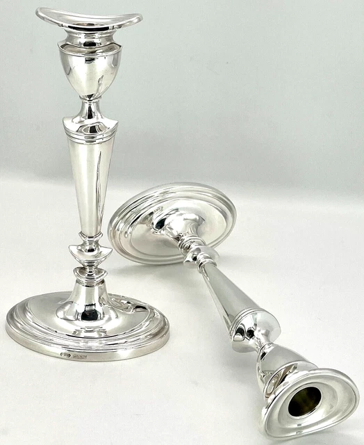 Sterling Silver Oval Candlesticks by Joseph Gloster – 8inch Tall – 580g