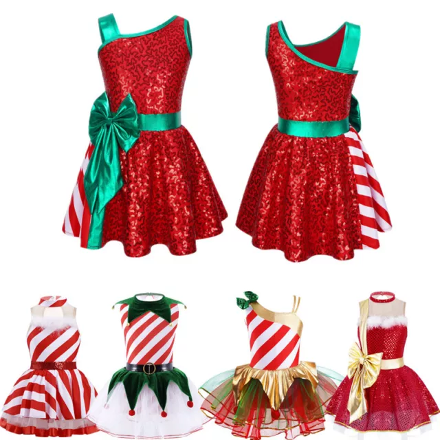 Kids Girls Christmas Party Dance Dress Sequin Striped Leotard Tutu Skirt Costume
