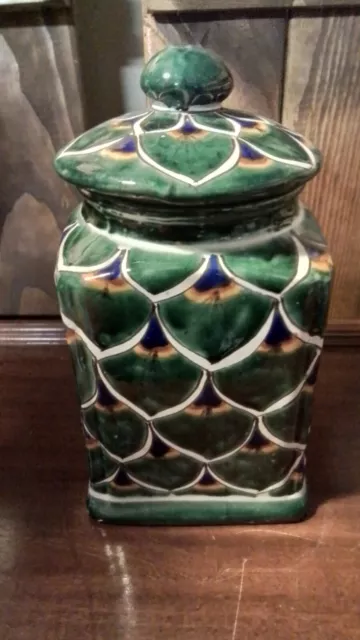 Vintage Pottery Canister W/Lid Talavera Peacock Feathers Blue Turquoise 11.5”