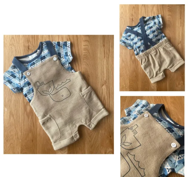 Baby NEXT Boys Dungaree Outfit Organic Cotton Summer Whale Shorty Romper Set NEW