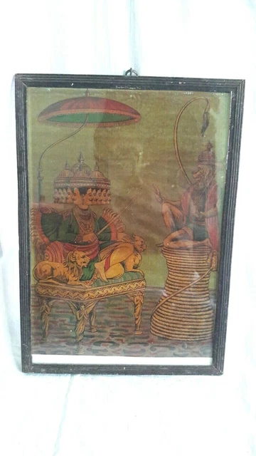 Hanuman sentado en su cola igual a Raavanan antiguo hindú raro impresión F20