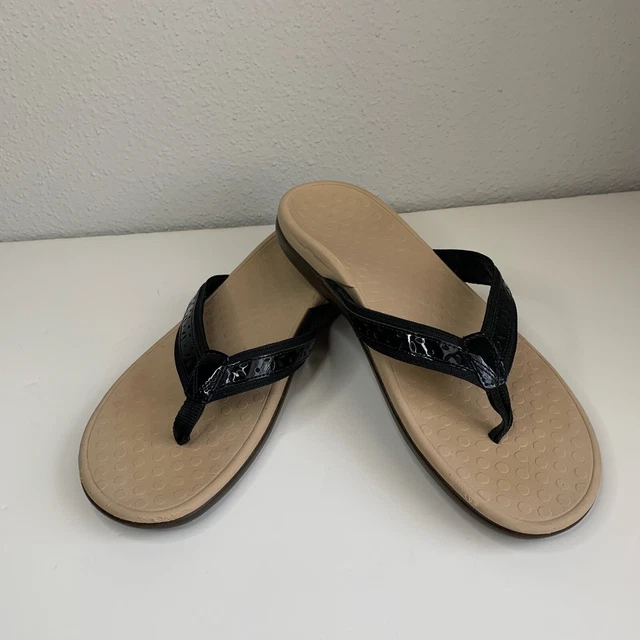 Vionic Women's Casandra Sandals Thong Flip Flop Black Leather Slip On Size 11 US