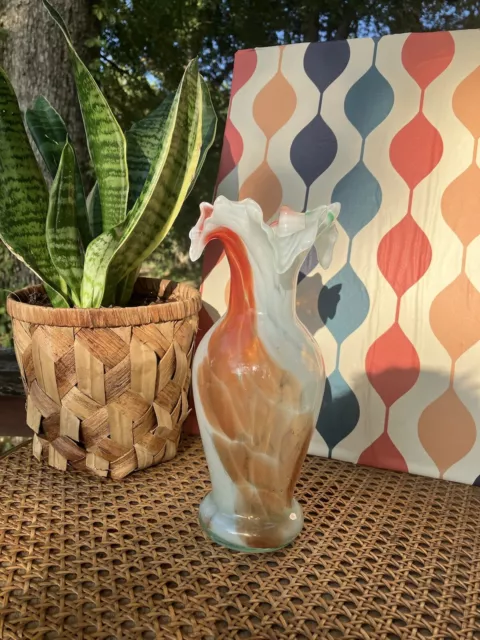 White & Orange Hand Blown Art Swirled Glass Ruffled Top Vase
