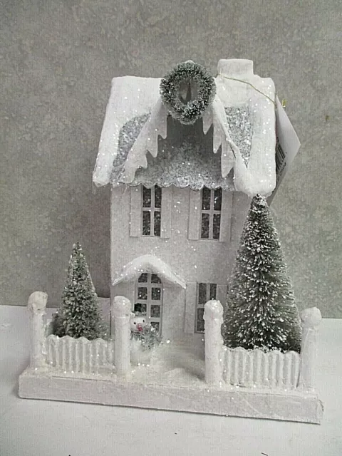 Bethany Lowe Winter White Tall Cottage House with Snowman Christmas Village