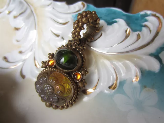 Vintage STEPHEN DWECK Hand Carved Quartz Citrine Peridot Bronze Enhancer Pendant