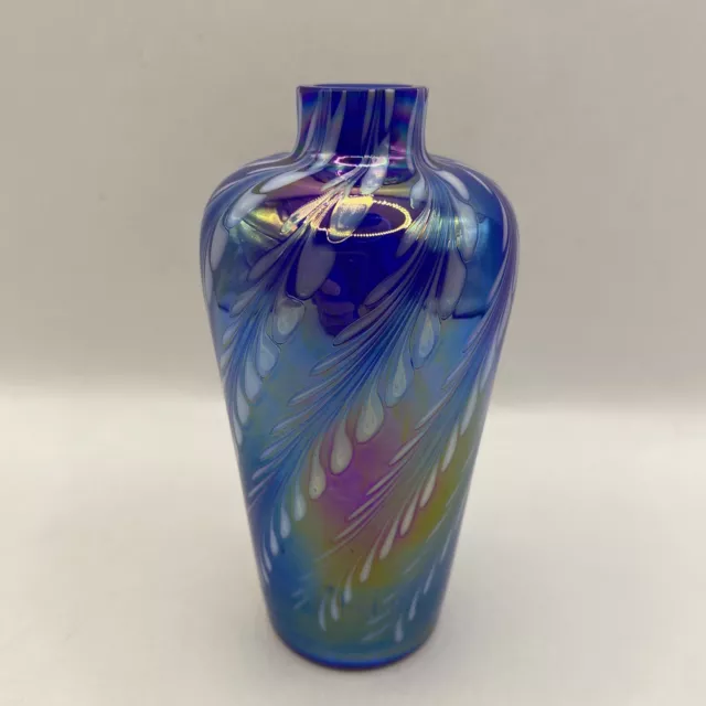 Vintage Iridescent Cobalt Miniature Art Glass Vase Pulled Feather Design