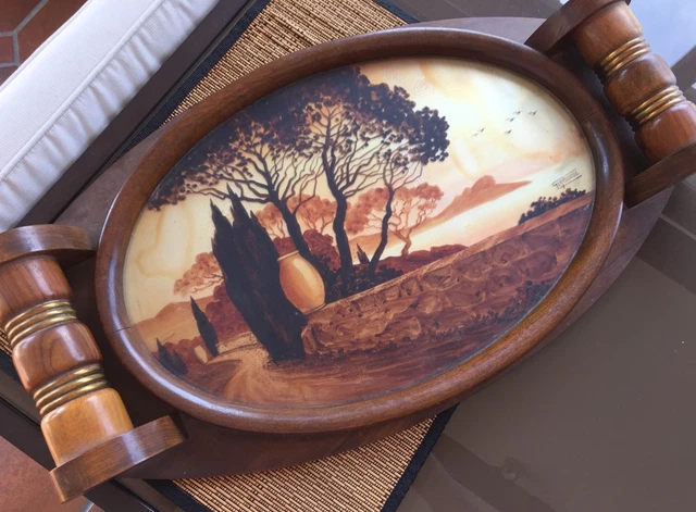 ANCIEN PLATEAU FLOREL Art Déco Bois Er Plateau Verre EUR 15,00