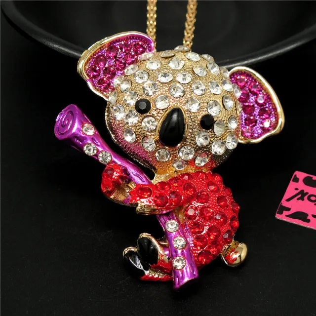Fashion Women Cute Red Enamel Rhinestone Koala Crystal Pendant Chain Necklace