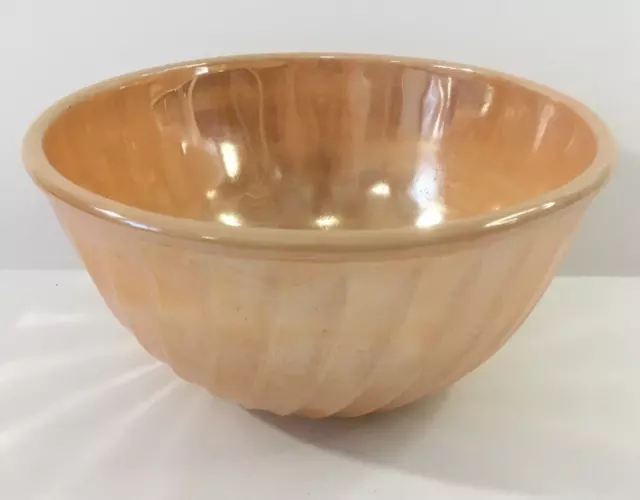 Vintage Fire King Oven Ware Peach Lustre Ribbed Swirl Large 9" Mixing Bowl USA