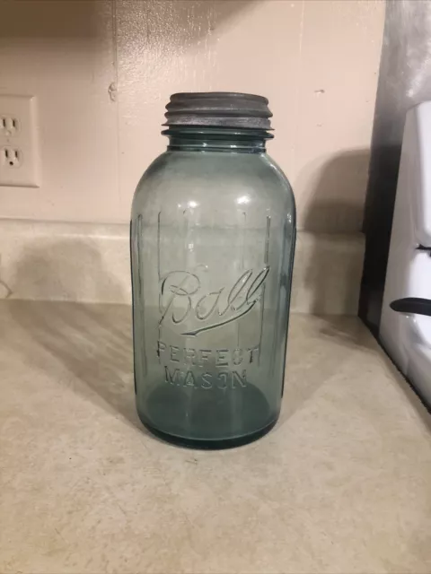 Antique Blue/Aqua Ball Perfect Mason Jar #1, Ribbed w/Zinc Metal Lid. 9in Tall