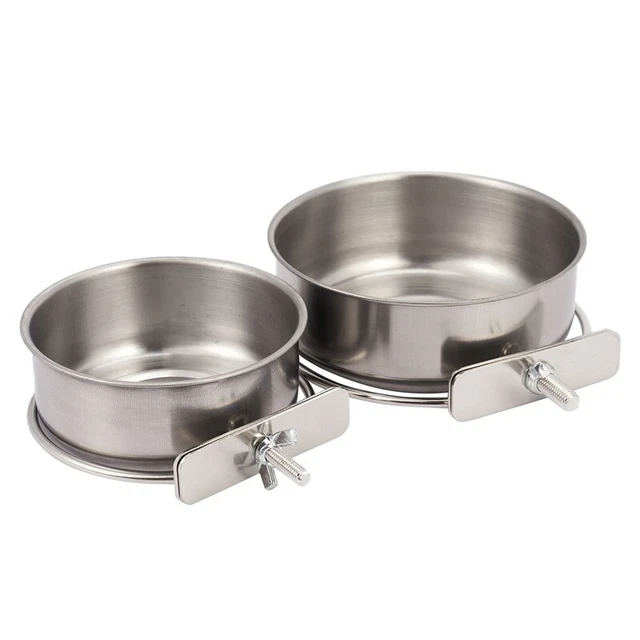 2-Pack Bird Parrot Feeding Cups with Clamp Stainless Steel Food Water BowlsJ1