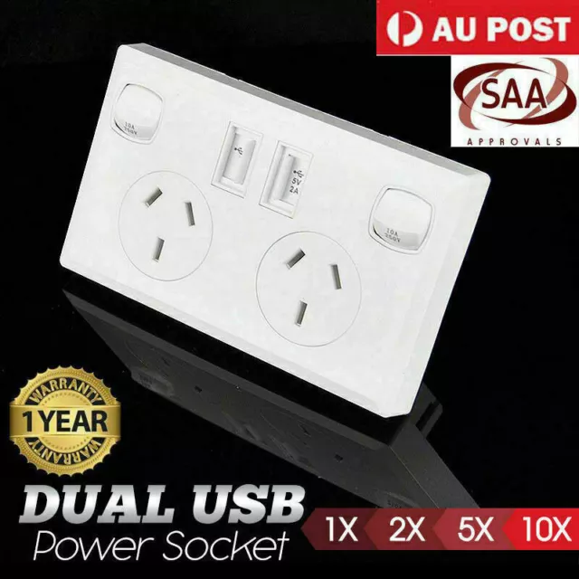 Dual USB Australian Power Point Home Wall Power Supply Socket Kit SAA Approval